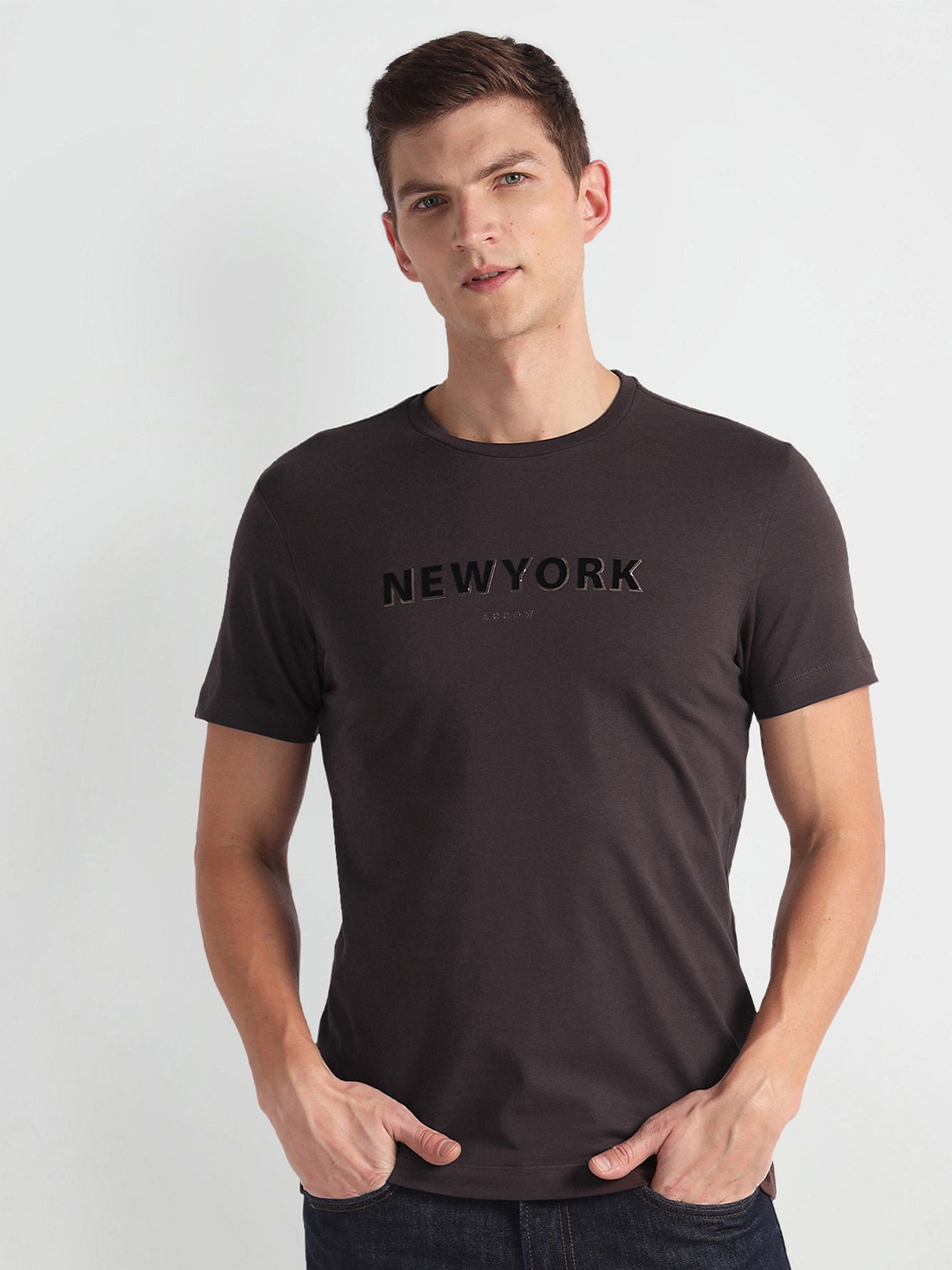 

Arrow New York Round Neck Short Sleeves Typography Printed T-shirt, Brown