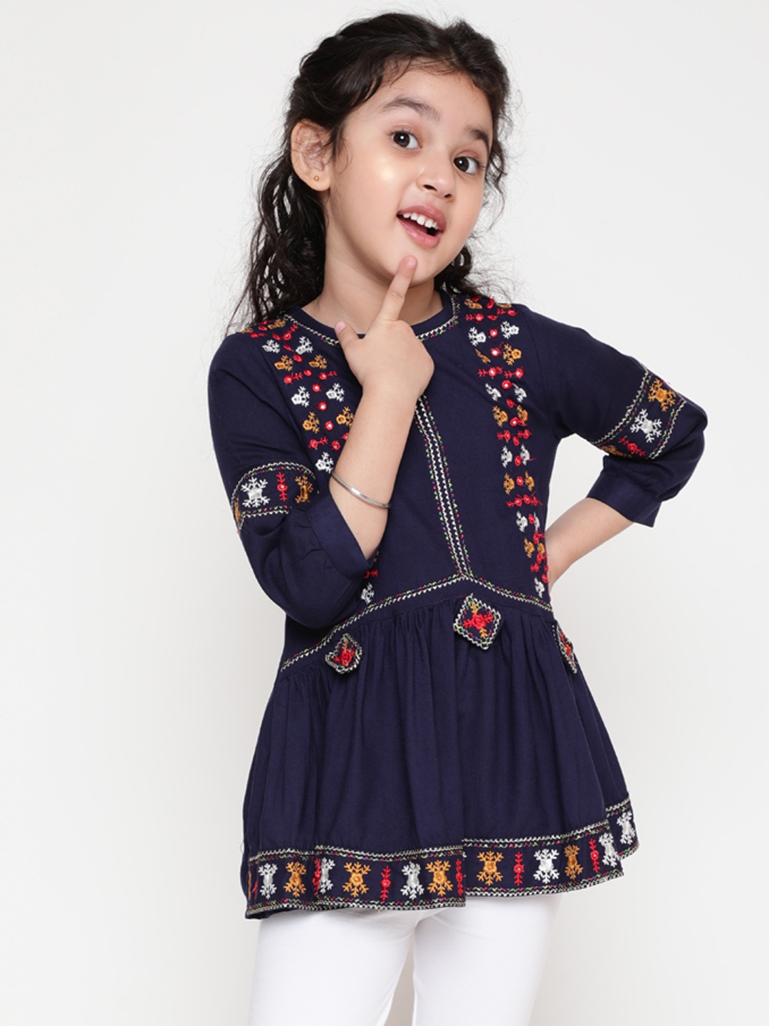 

BAESD Girls Embroidered Keyhole Neck Cuffed Sleeves Top, Navy blue