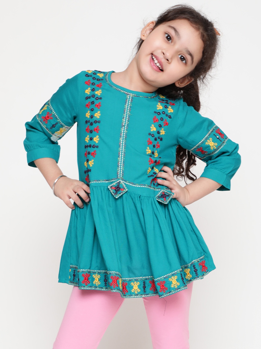 

BAESD Girls Embroidered Embellished Peplum Top, Green