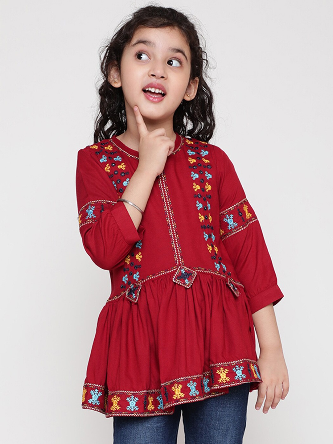 

BAESD Styled Girls Embroidered Round Neck Three-Quarter Cuffed Sleeves Peplum Top, Maroon