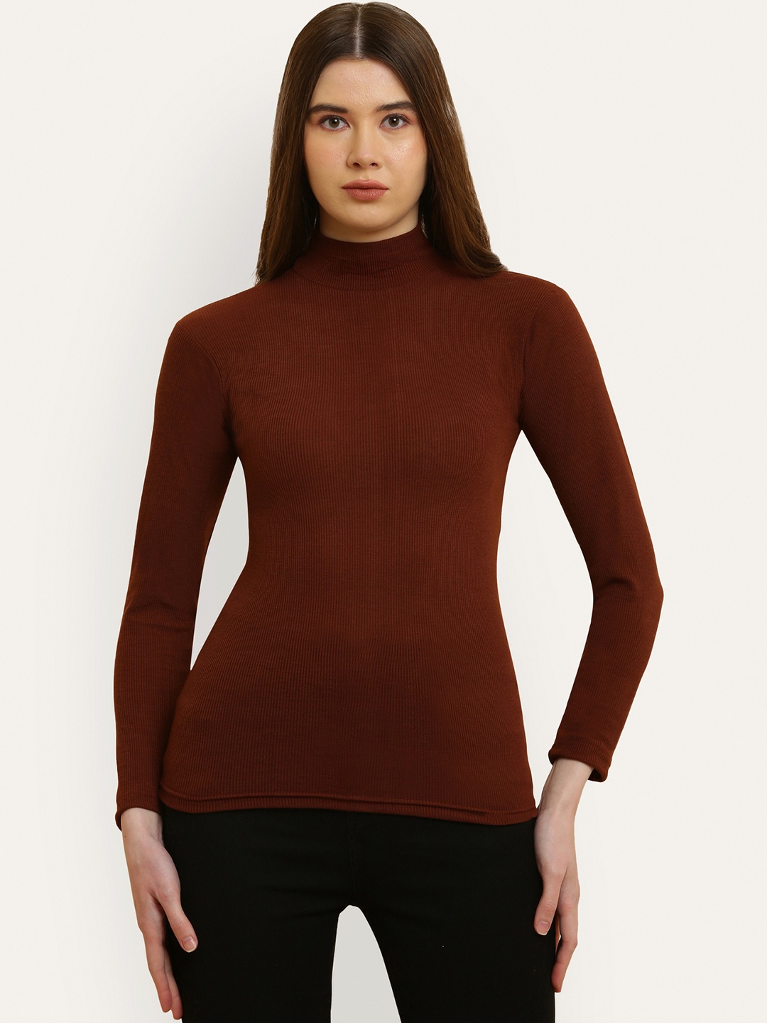 

Miaz Lifestyle High Neck Long Sleeves Cotton Top, Brown