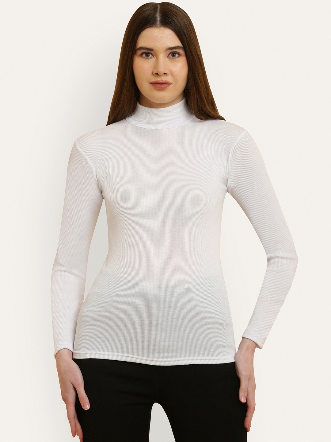 

Miaz Lifestyle High Neck Long Sleeves Cotton Top, White