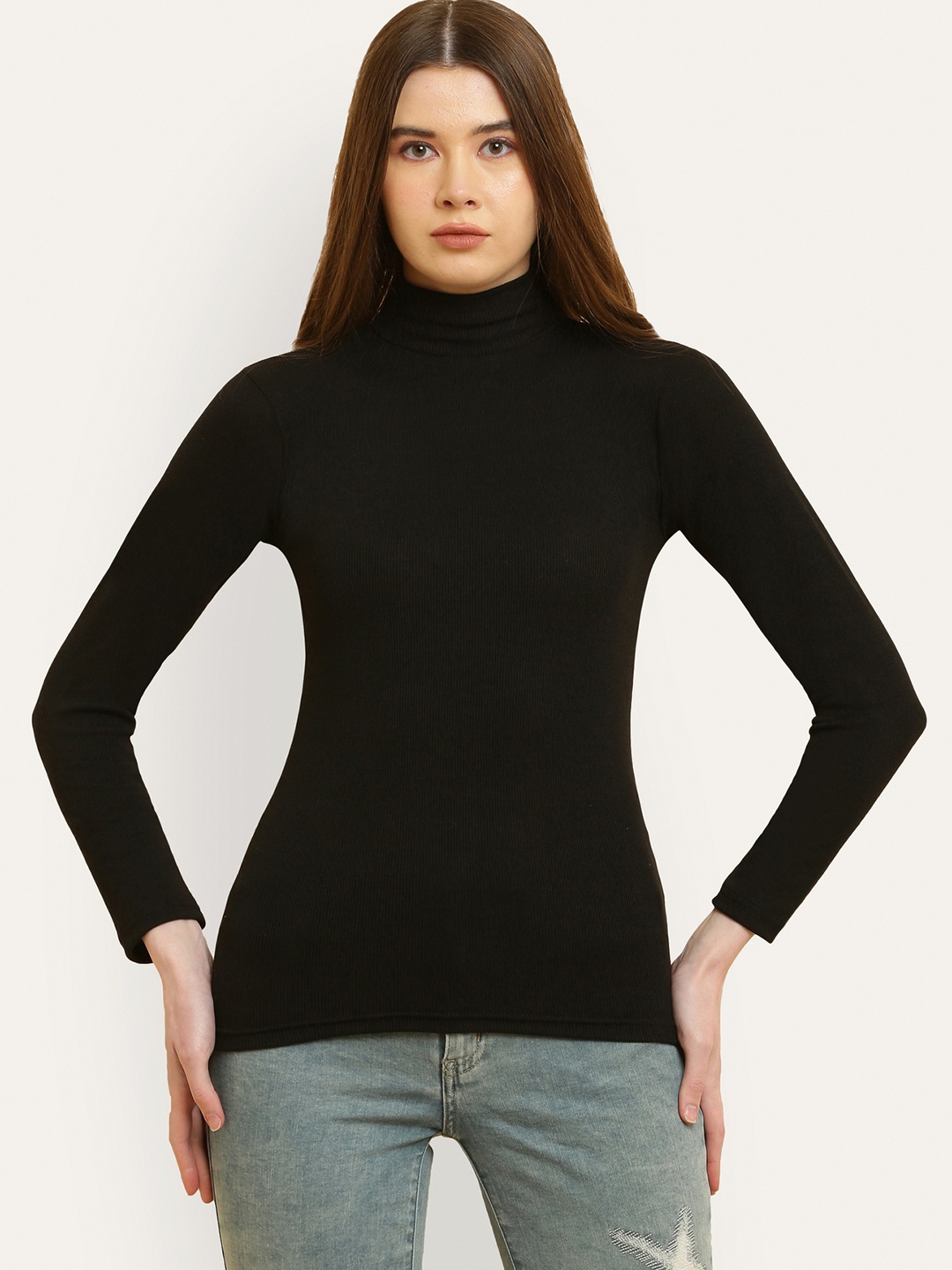 

Miaz Lifestyle High Neck Long Sleeves Cotton Top, Black