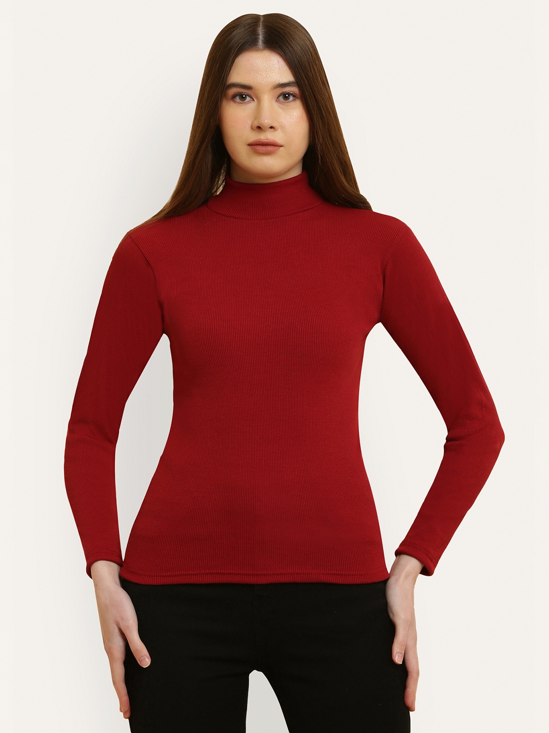 

Miaz Lifestyle High Neck Fitted Cotton Top, Maroon