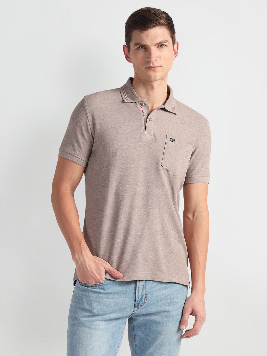 

Arrow Sport Brand Logo Polo Collar Short Sleeves Pockets Cotton Regular Fit Casual T-shirt, Beige