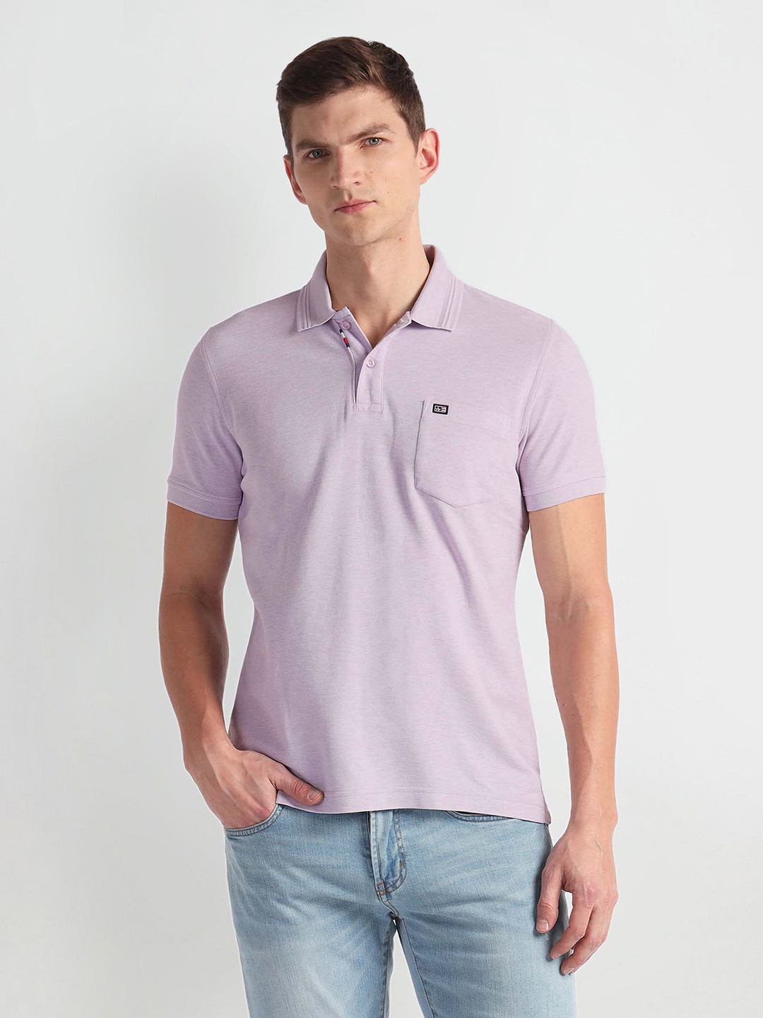 

Arrow Sport Brand Logo Polo Collar Short Sleeves Pockets Cotton Regular Fit Casual T-shirt, Purple