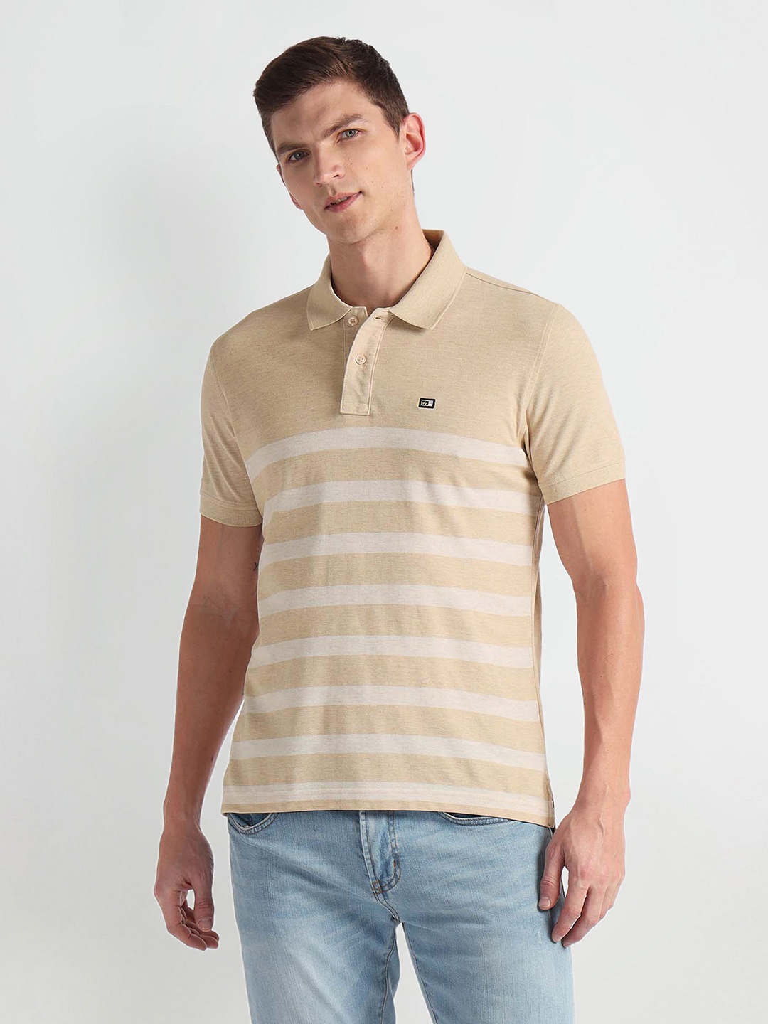 

Arrow Sport Striped Polo Collar Short Sleeves Cotton Regular Fit Casual T-shirt, Beige