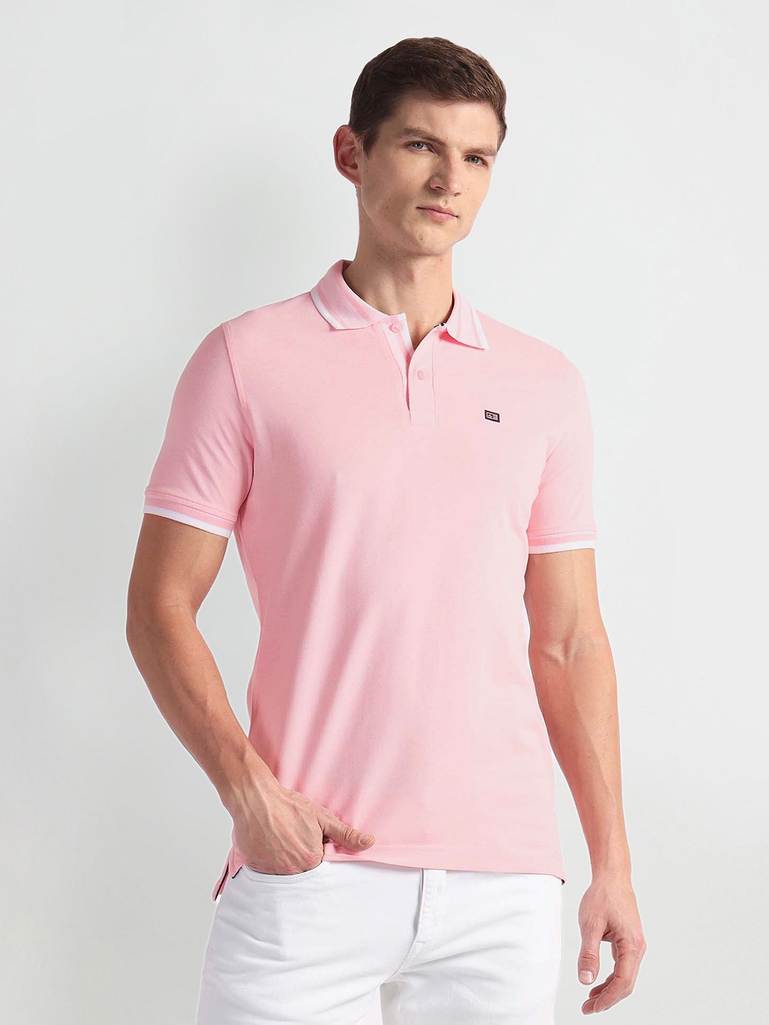 

Arrow Sport Brand Logo Polo Collar Short Sleeves Cotton Regular Fit Casual T-shirt, Pink