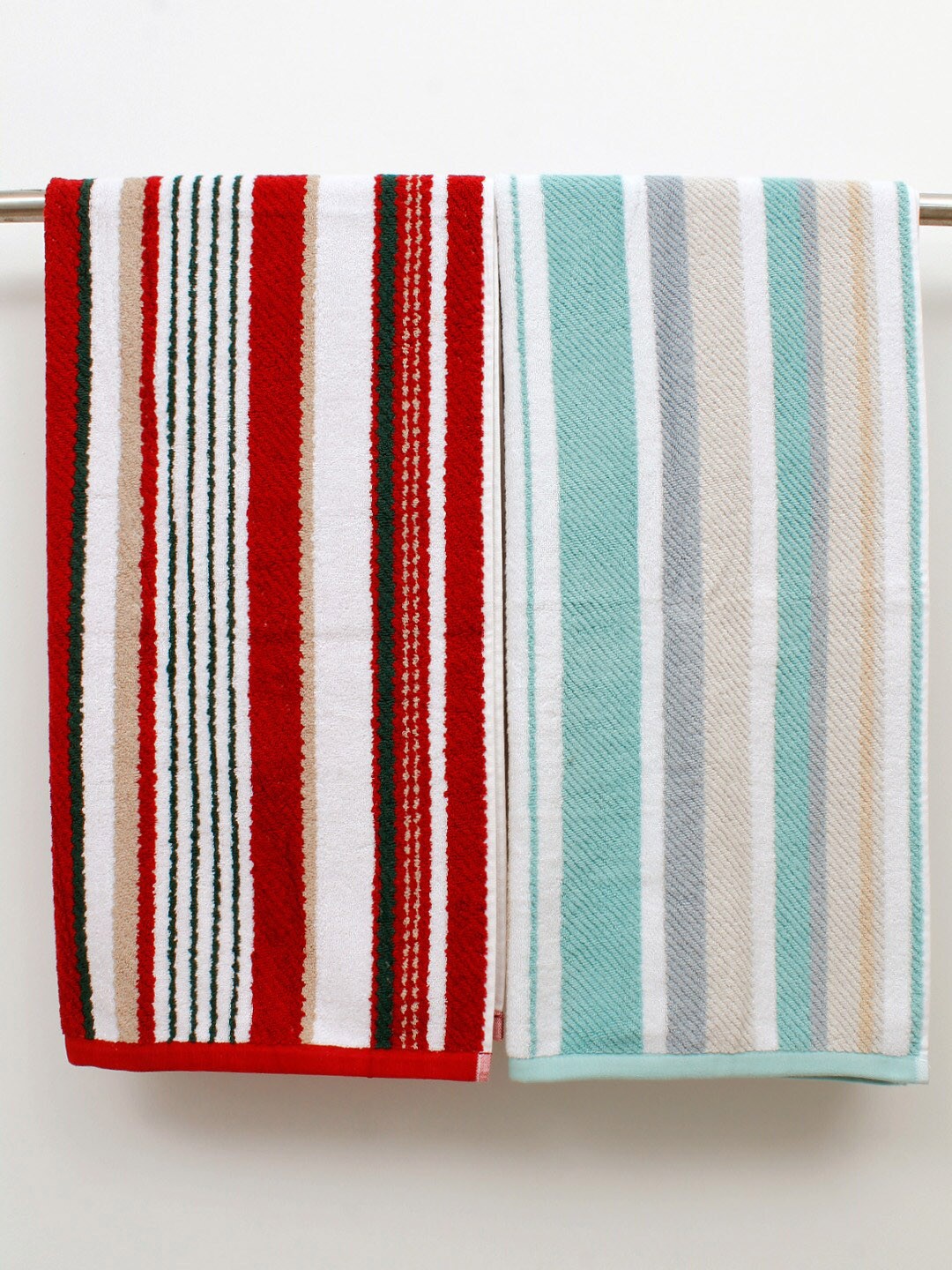

AVI Living Red Green 2 Pieces Striped Cotton 600 GSM Bath Towels