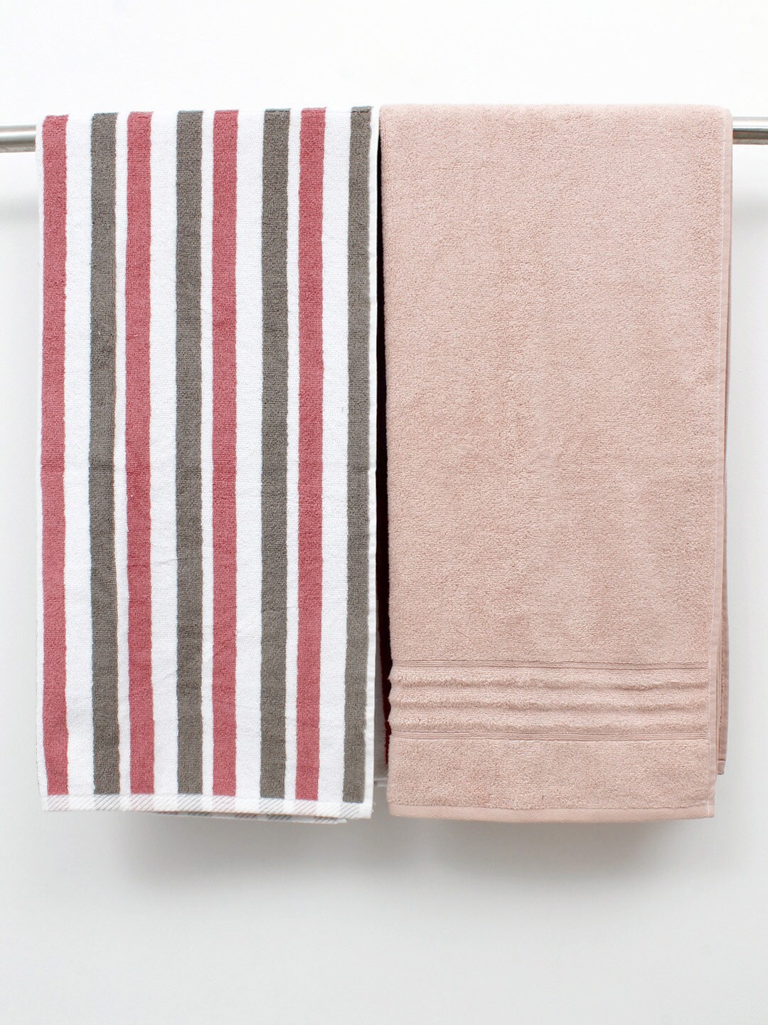 

AVI Living Pink White 2 Pieces Striped Cotton 500 GSM Bath Towels