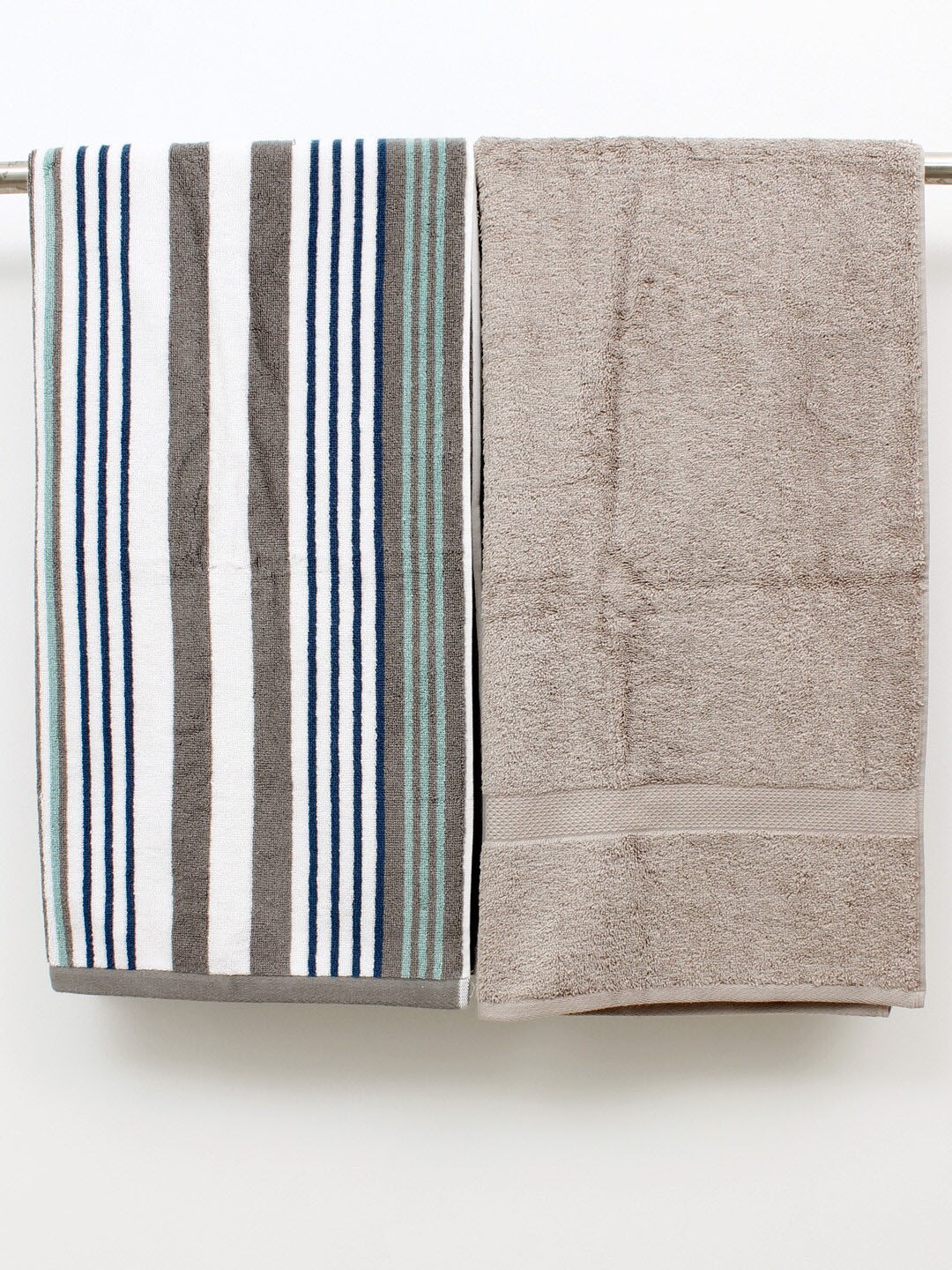 

AVI Living Green Beige 2 Pieces Striped Cotton 600 GSM Bath Towels