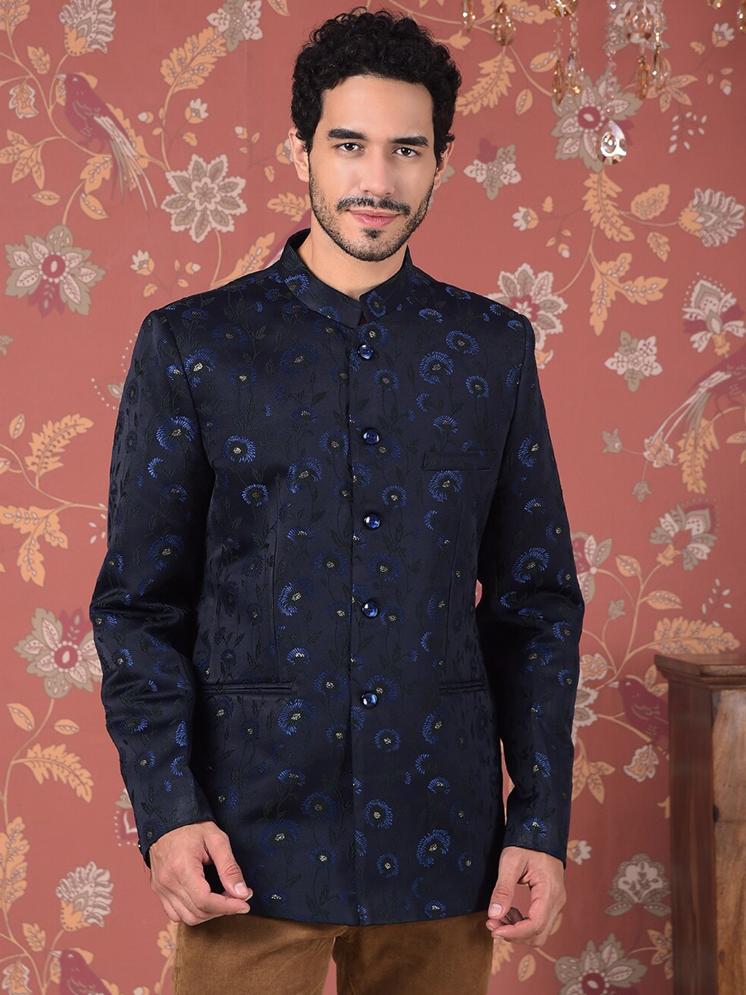 

House of Pataudi Floral Embroidered Mandarin Collar Bandhgala Blazer, Navy blue