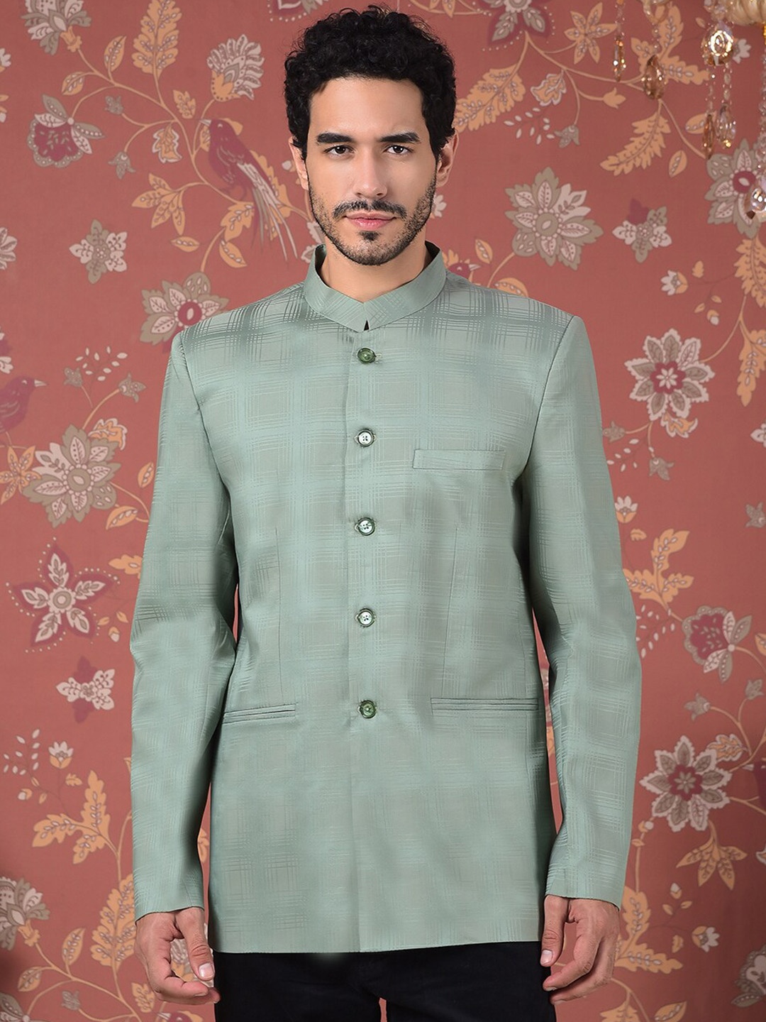

House of Pataudi Self Design Mandarin Collar Bandhgala Blazer, Green
