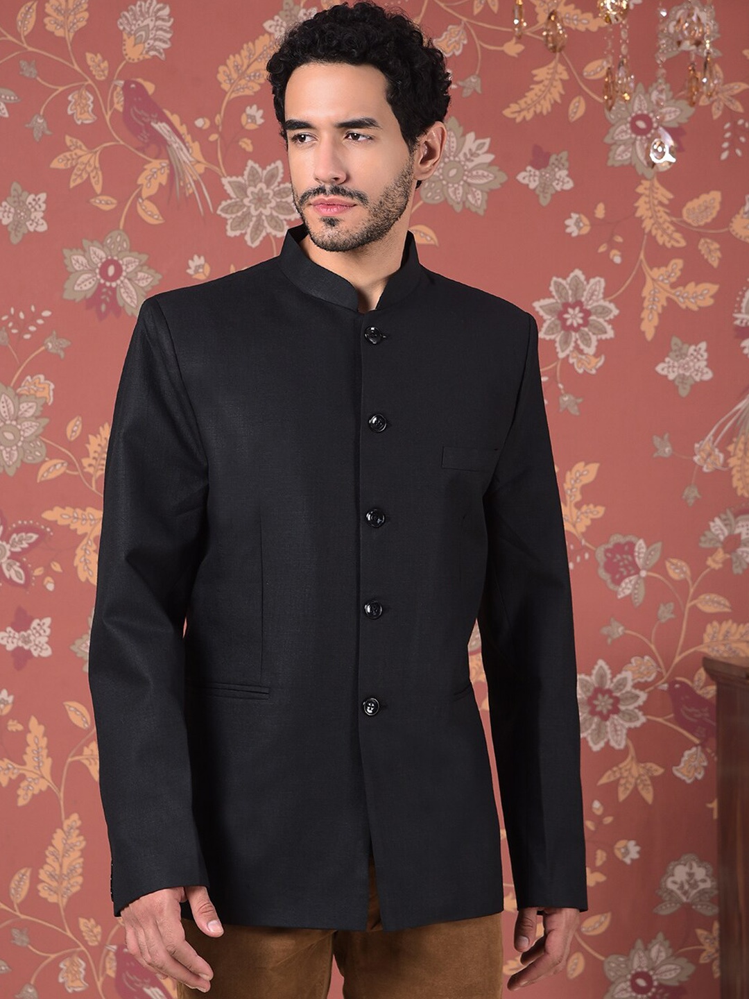 

House of Pataudi Mandarin Collar Bandhgala Blazer, Black