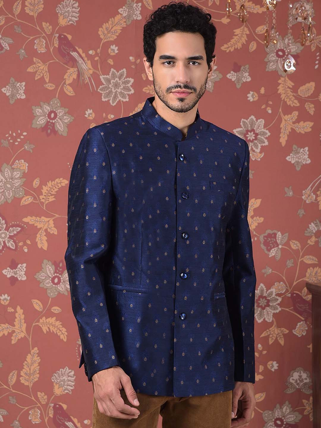 

House of Pataudi Self-Design Mandarin Collar Bandhgala Blazer, Navy blue