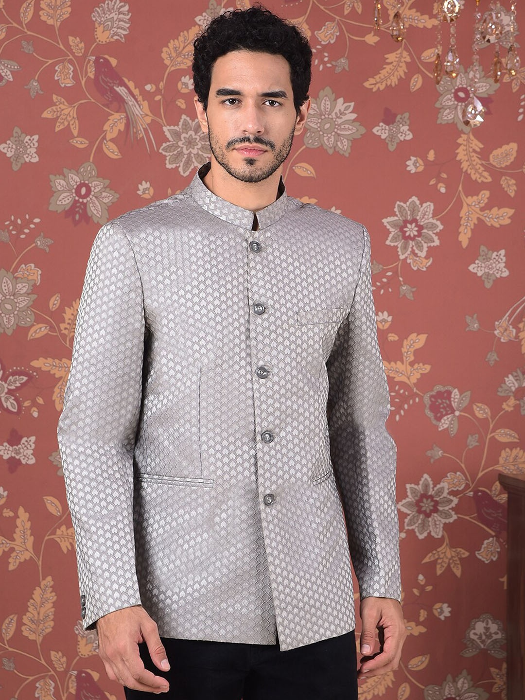 

House of Pataudi Self Design Mandarin Collar Bandhgala Blazer, Silver