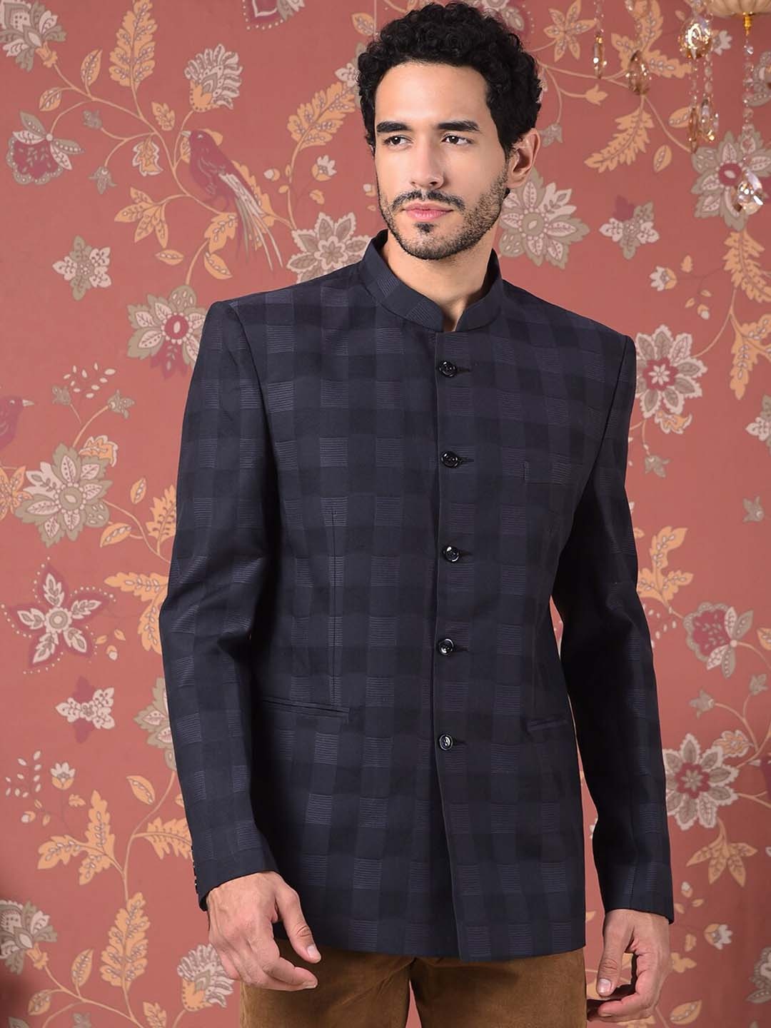 

House of Pataudi Checked Mandarin Collar Bandhgala Blazer, Grey