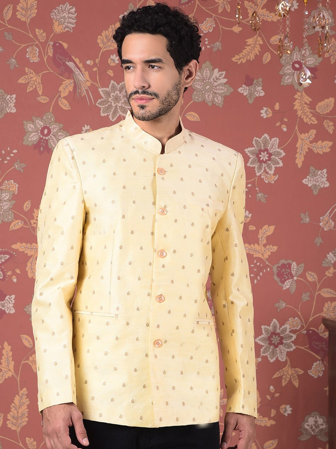 

House of Pataudi Self Designed Mandarin Collar Bandhgala Blazer, Cream