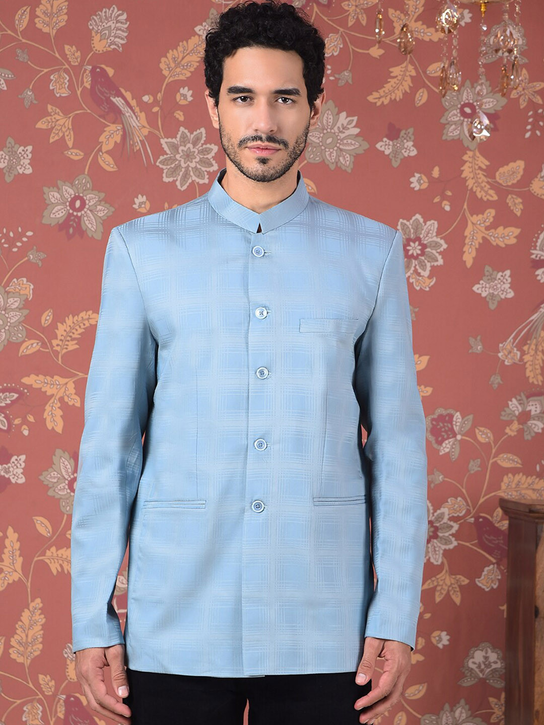 

House of Pataudi Self-Design Bandhgala Blazer, Blue