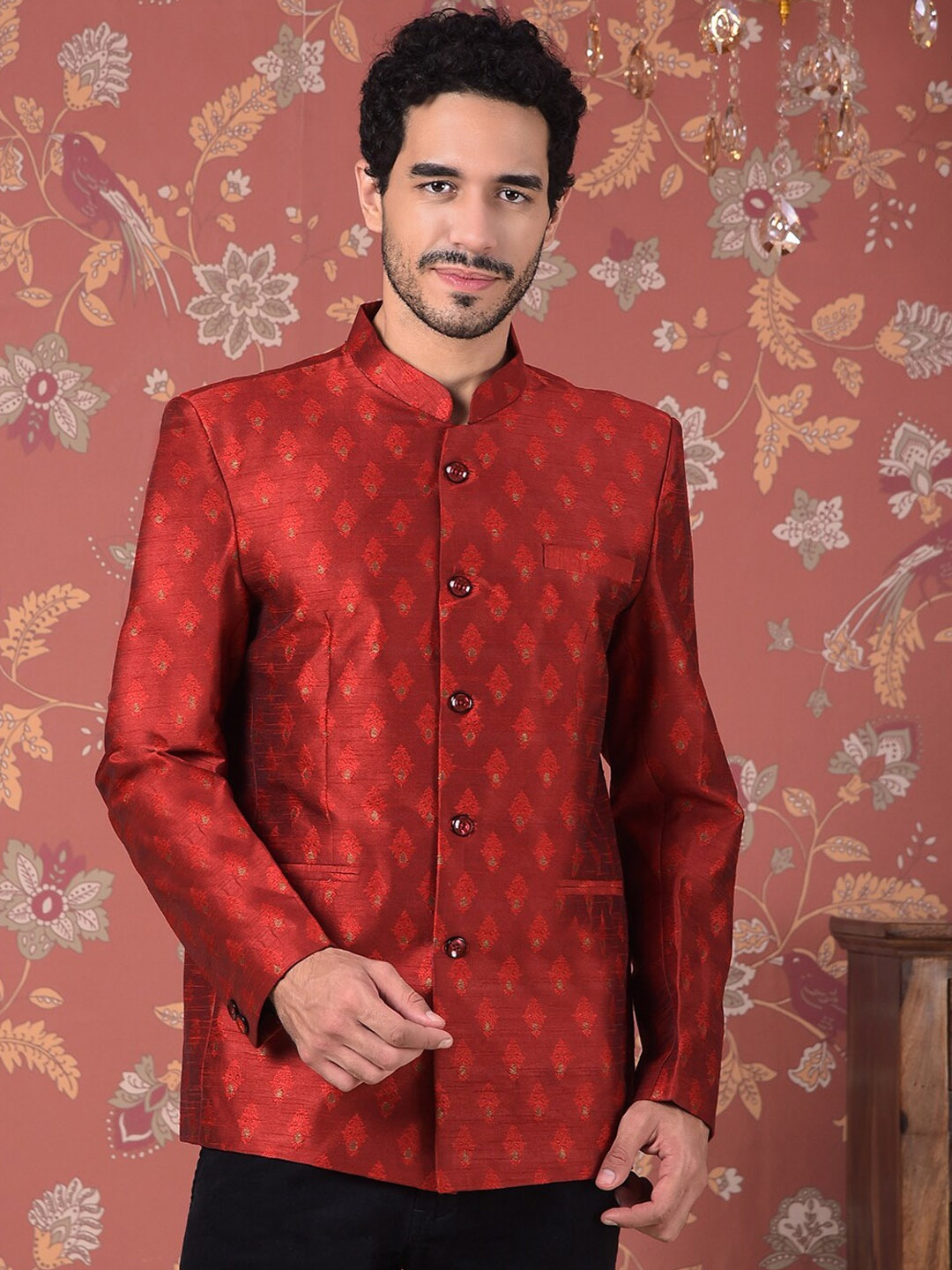 

House of Pataudi Self-Design Mandarin Collar Bandhgala Blazer, Red