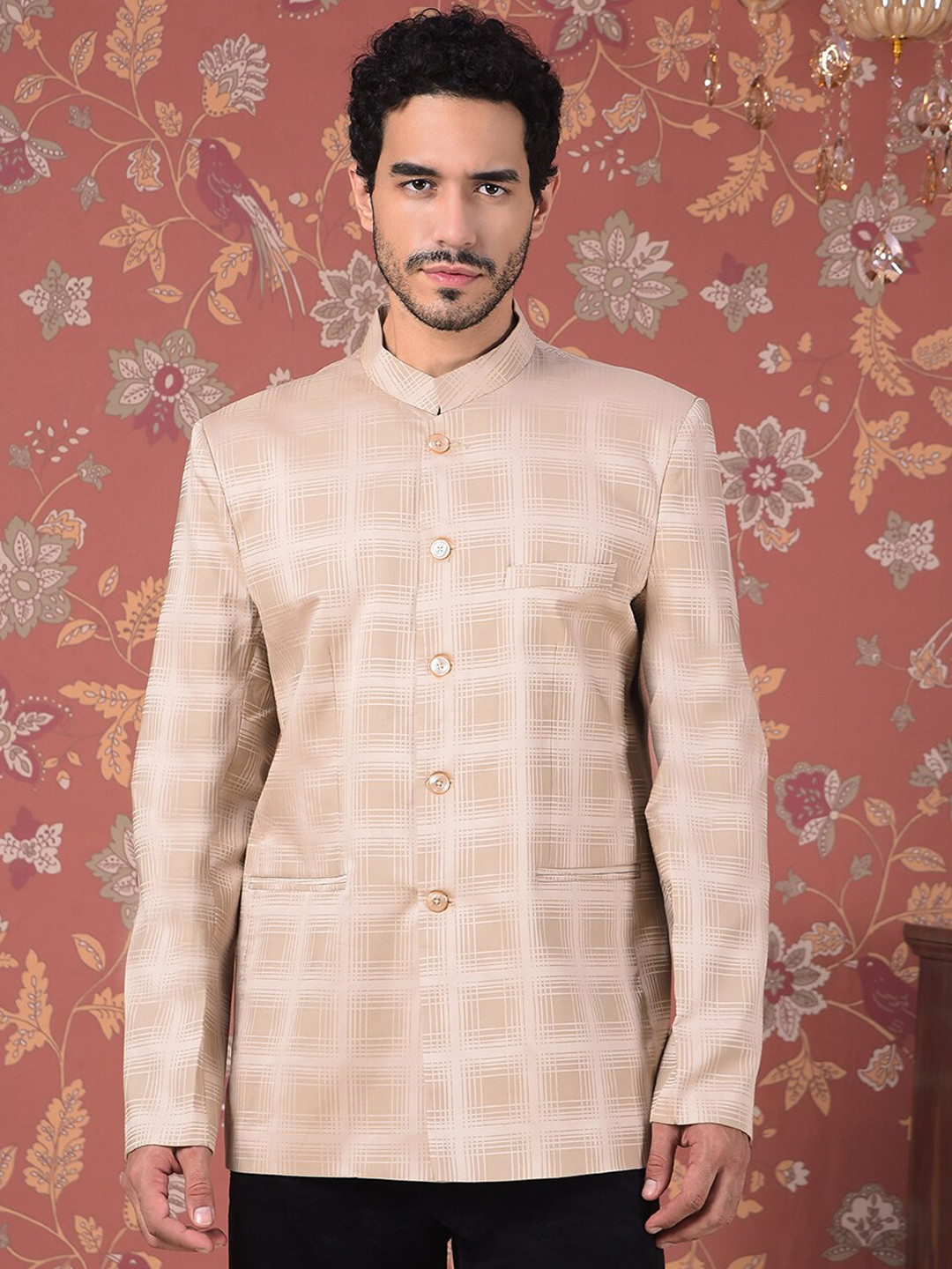 

House of Pataudi Checked Mandarin Collar Bandhgala Blazer, Brown