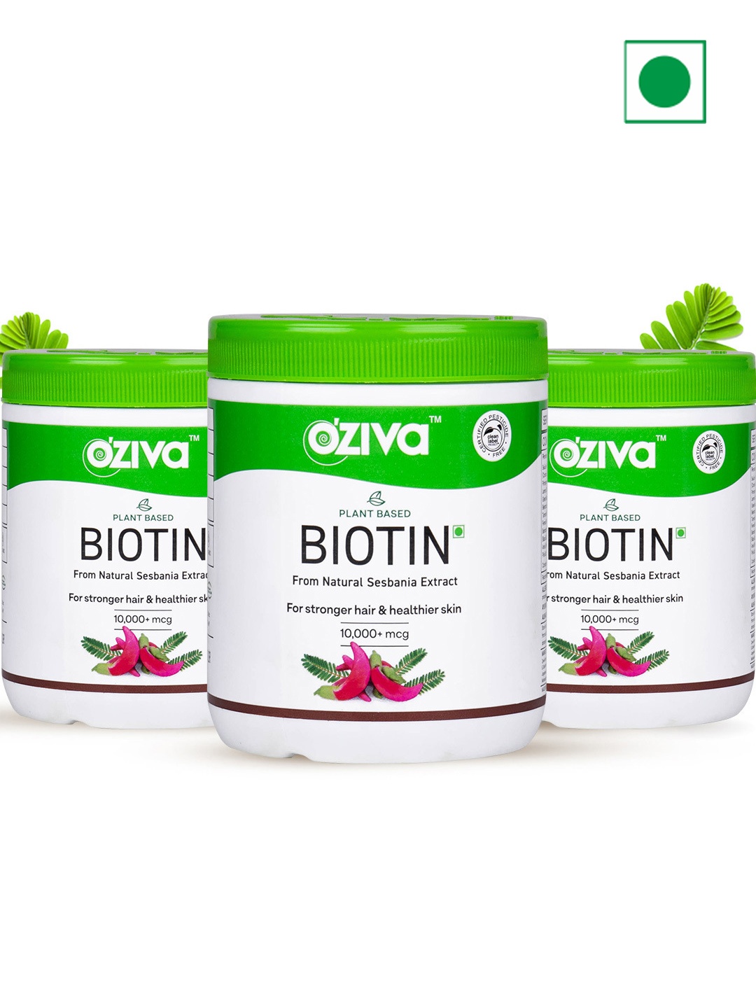 

OZiva Set Of 3 Plant Based Biotin Powder For Hair Growth With Amla - 125g Each, Green