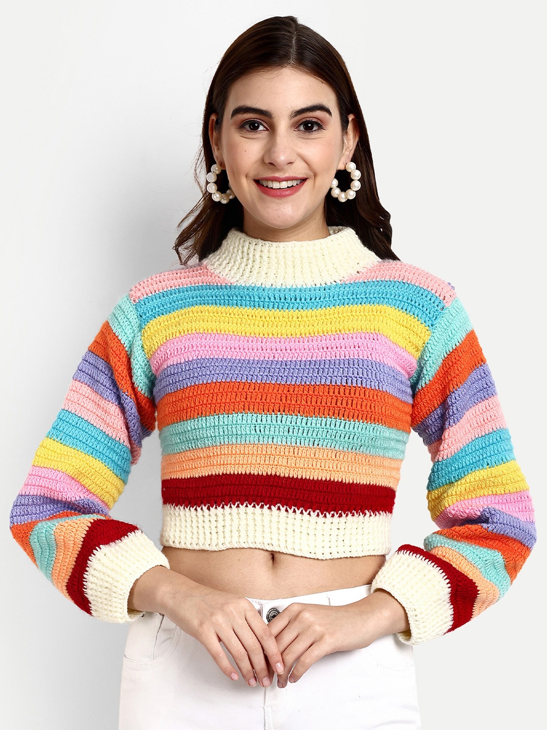 

WINDROP SOLUTIONS Striped Turtle Neck Woollen Crop Pullover Sweater, White