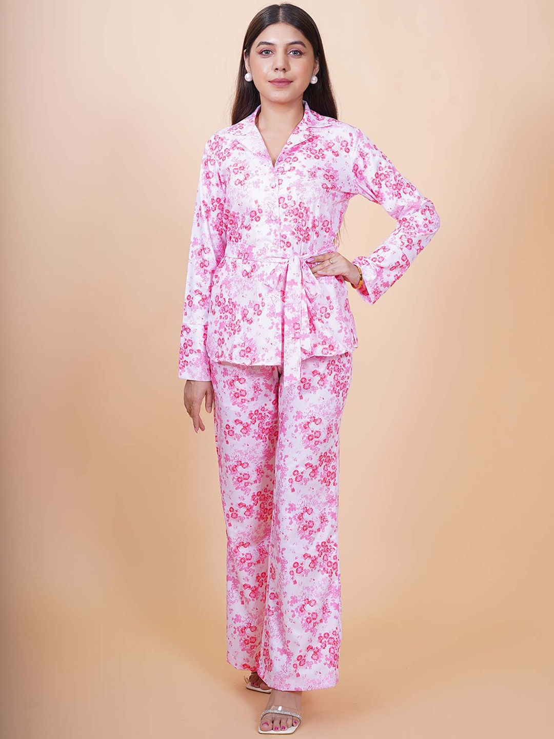 

Salvia Sky Floral Printed Pure Cotton Shirt Collar Coat With Trouser, Pink