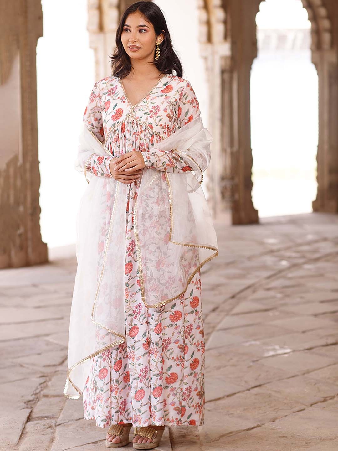 

Salvia Sky Floral Printed Thread Work Organza Regular V-Neck Kurta with Trousers & Dupatta, Off white