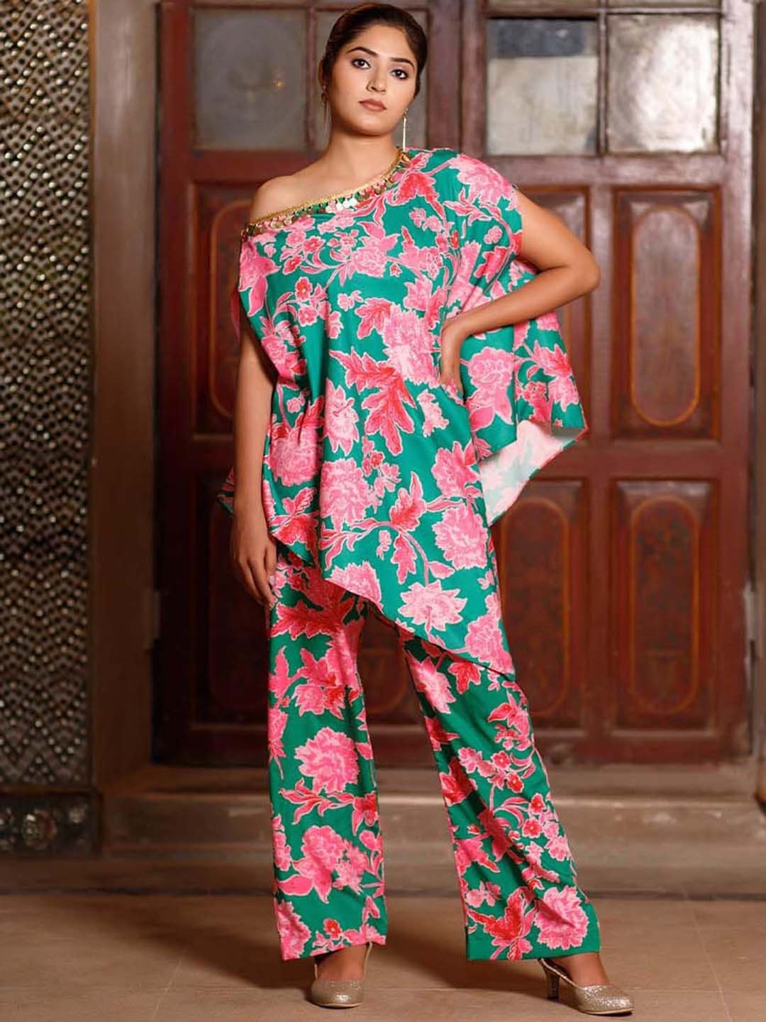 

Salvia Sky One Shoulder Floral Printed Embellished Tunic, Green