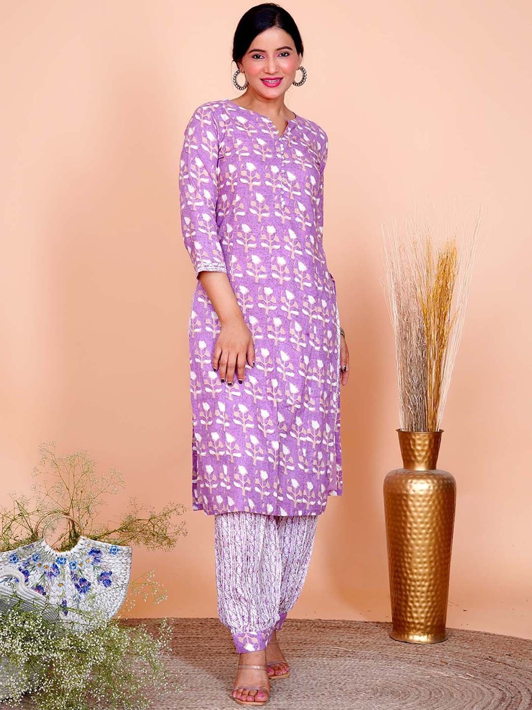 

Salvia Sky Ethnic Motifs Printed Notch Neck Regular Pure Cotton Straight Kurta with Salwar, Lavender