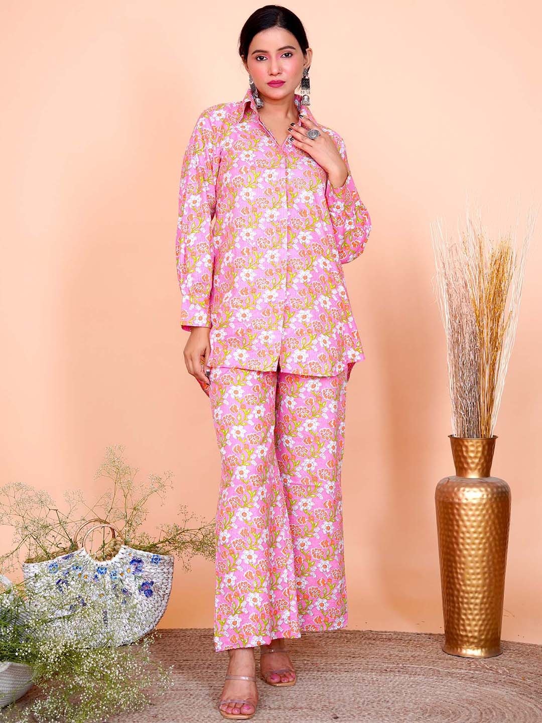 

Salvia Sky Floral Printed Long Sleeves Pure Cotton Shirt With Trousers, Pink