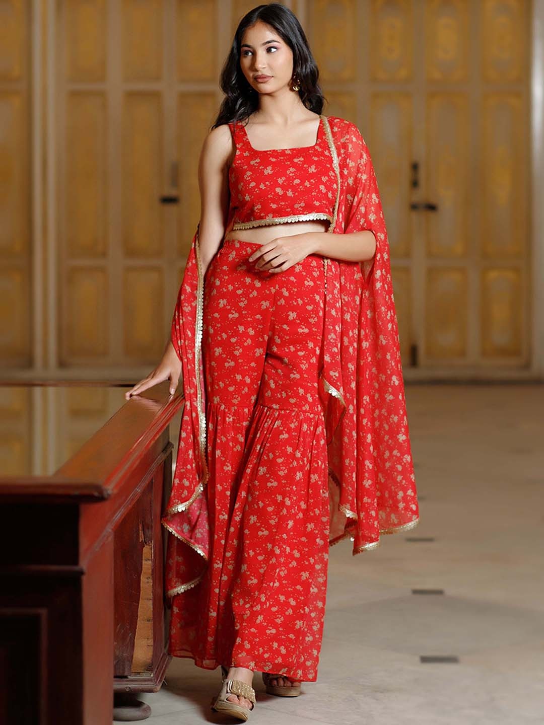 

Salvia Sky Floral Printed Top & Sharara With Shrug, Red