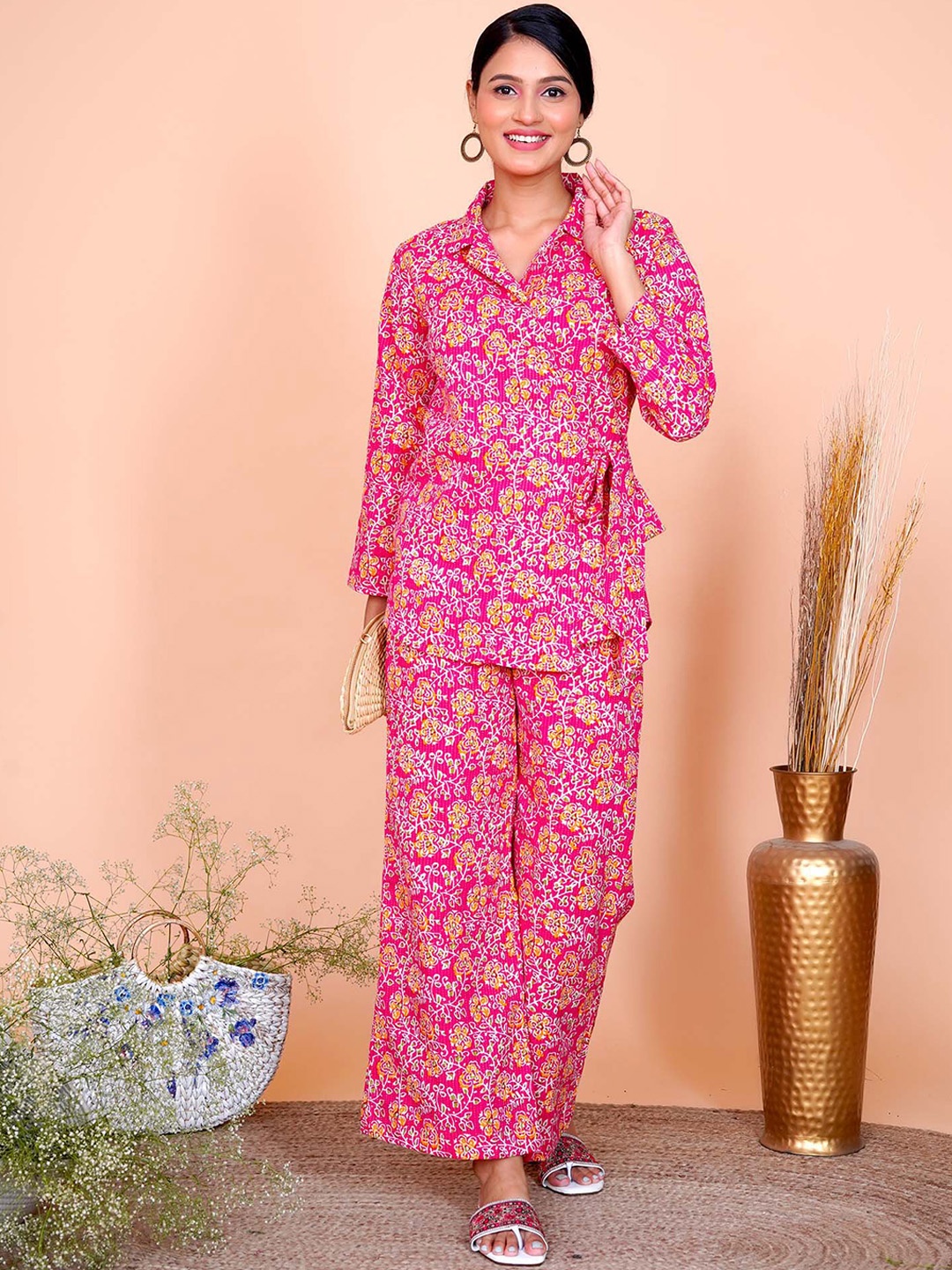 

Salvia Sky Floral Printed Pure Cotton Tunic & Trousers, Pink