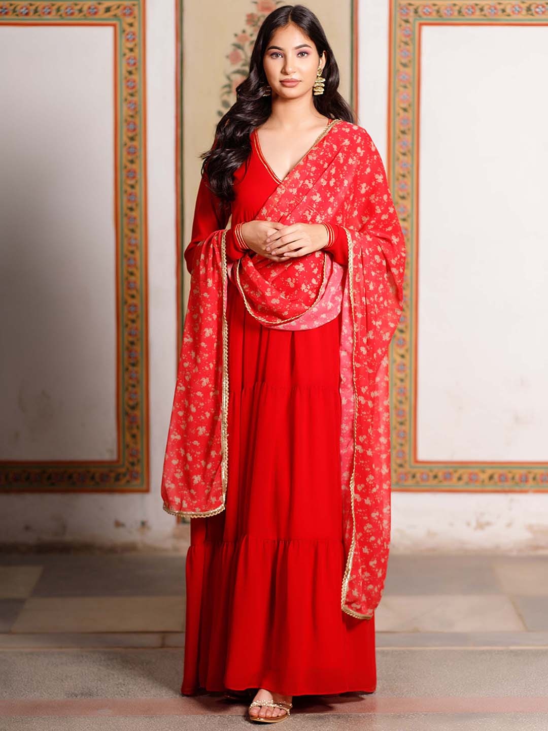 

Salvia Sky Empire V-Neck Flared Anarkali Floor Length Kurta With Trousers & Dupatta, Red