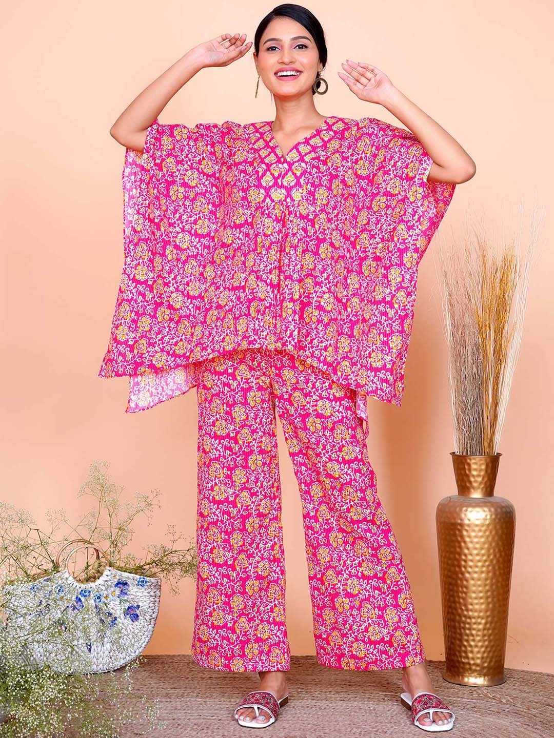 

Salvia Sky Floral Printed Pure Cotton Kaftan Top With Trouser, Pink
