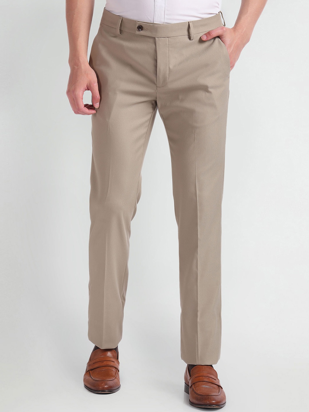

Arrow Men Slim Fit Mid-Rise Formal Trousers, Beige