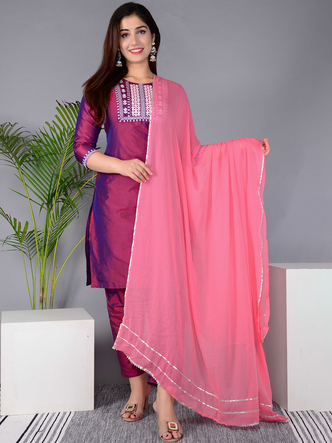 

Subh LAXMI Yoke Design Embroidered Straight Kurta With Trousers & Dupatta, Purple