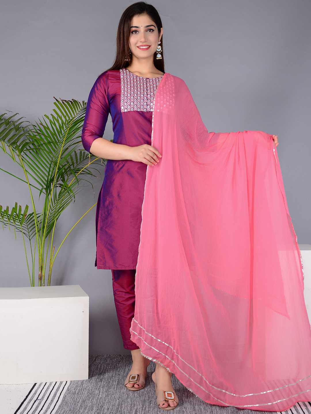 

BAESD Floral Yoke Design Regular Mirror Work Kurta with Trousers & Dupatta, Purple