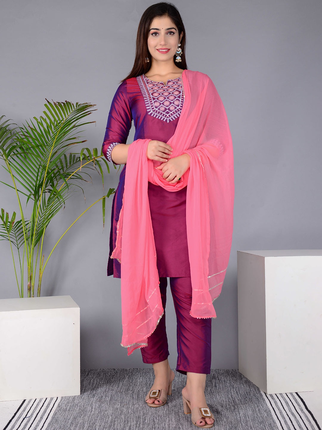 

BAESD Ethnic Motifs Yoke Design Regular Thread Work Kurta with Trousers & Dupatta, Purple