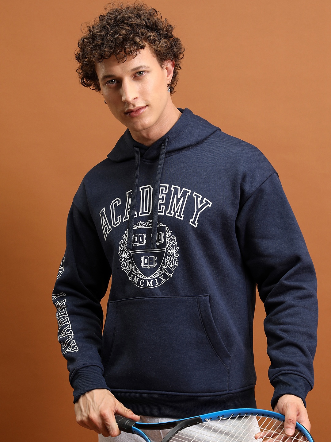 

HIGHLANDER Typography Printed Hooded Relaxed Fit Pullover Sweatshirt, Navy blue