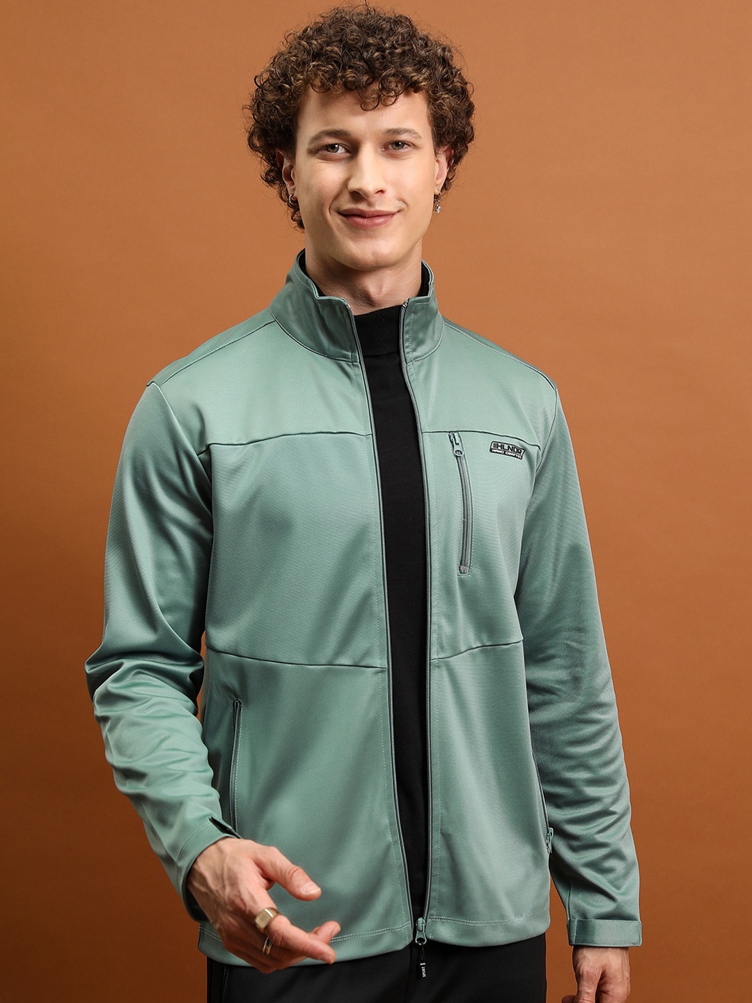 

HIGHLANDER Regular Fit Mock Collar Long Sleeves Zip Detail Tailored Jacket, Green