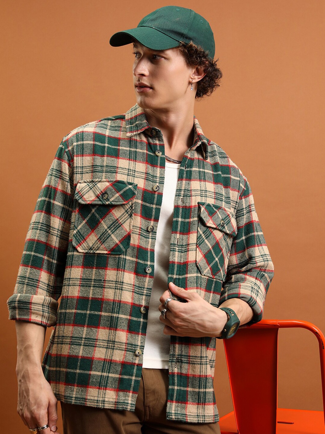 

Highlander Oversized Double Flap Pocket Flannel Overshirt, Beige