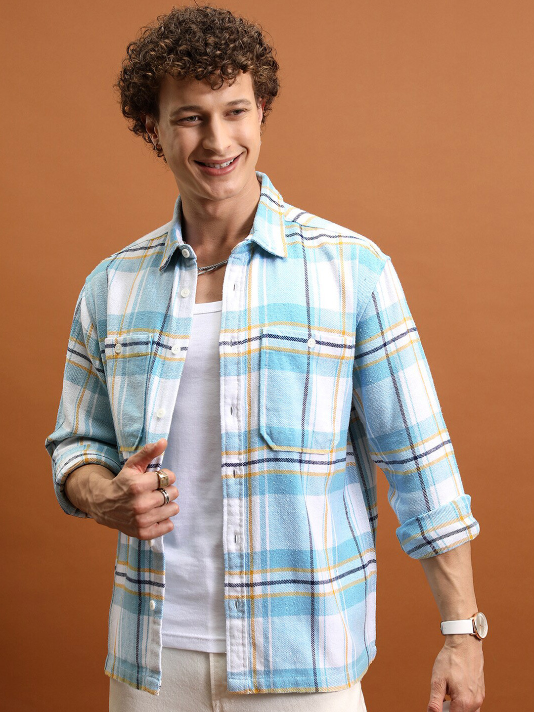

HIGHLANDER Men Tartan Checks Flannel Shirt, White