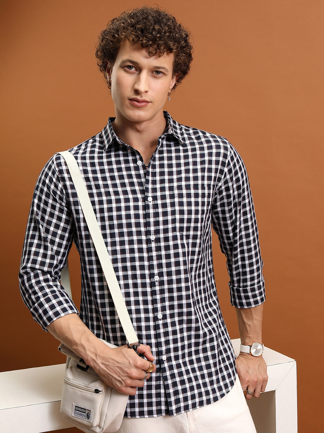 

HIGHLANDER Men Slim Fit Checked Shirt, Navy blue