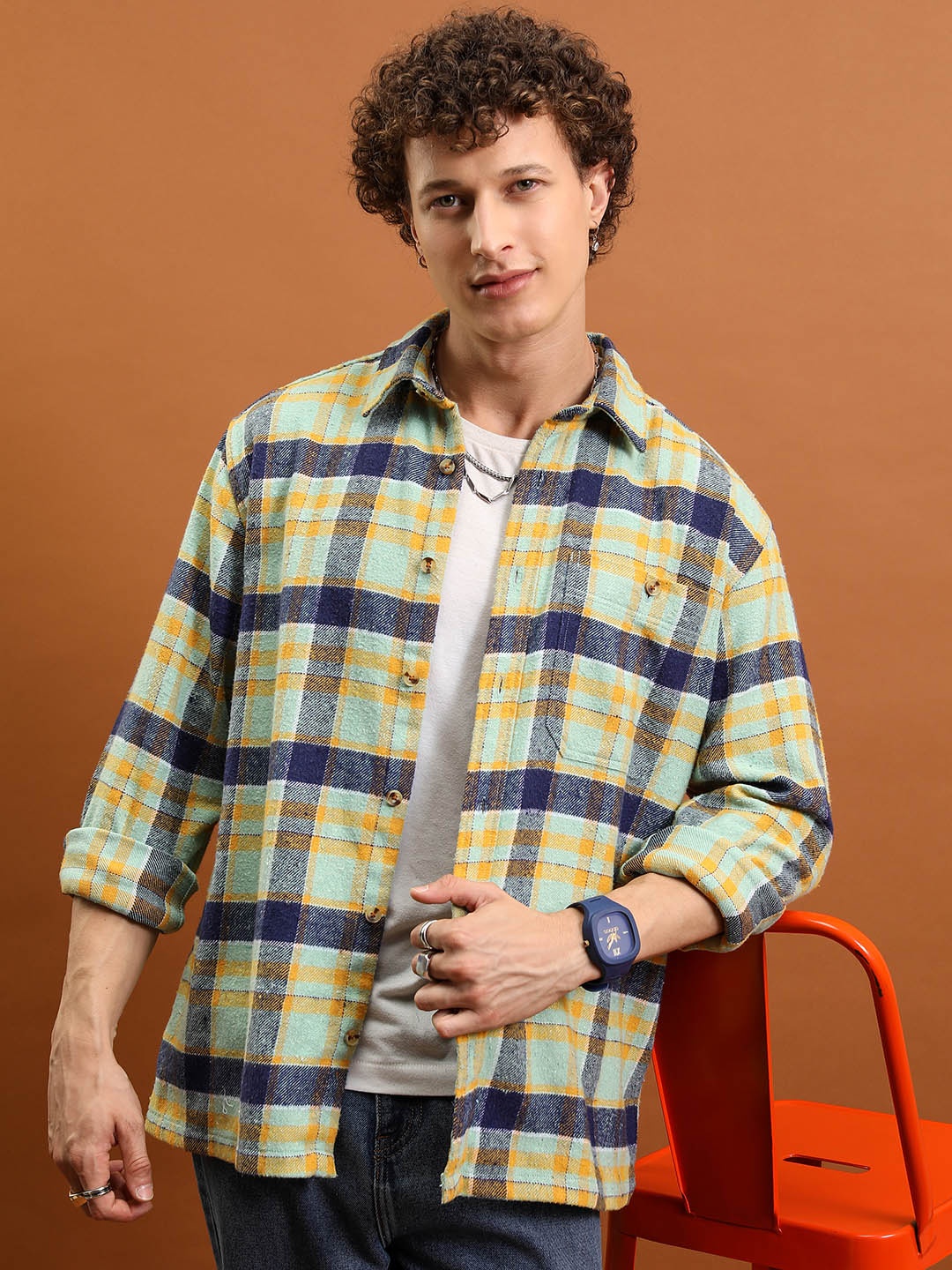 

HIGHLANDER Men Oversized Single Pocket Flannel Overshirt, Green