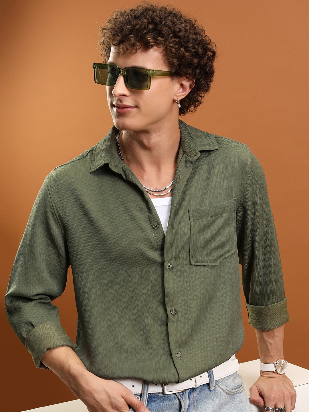 

HIGHLANDER Textured Oversized Casual Shirt, Olive