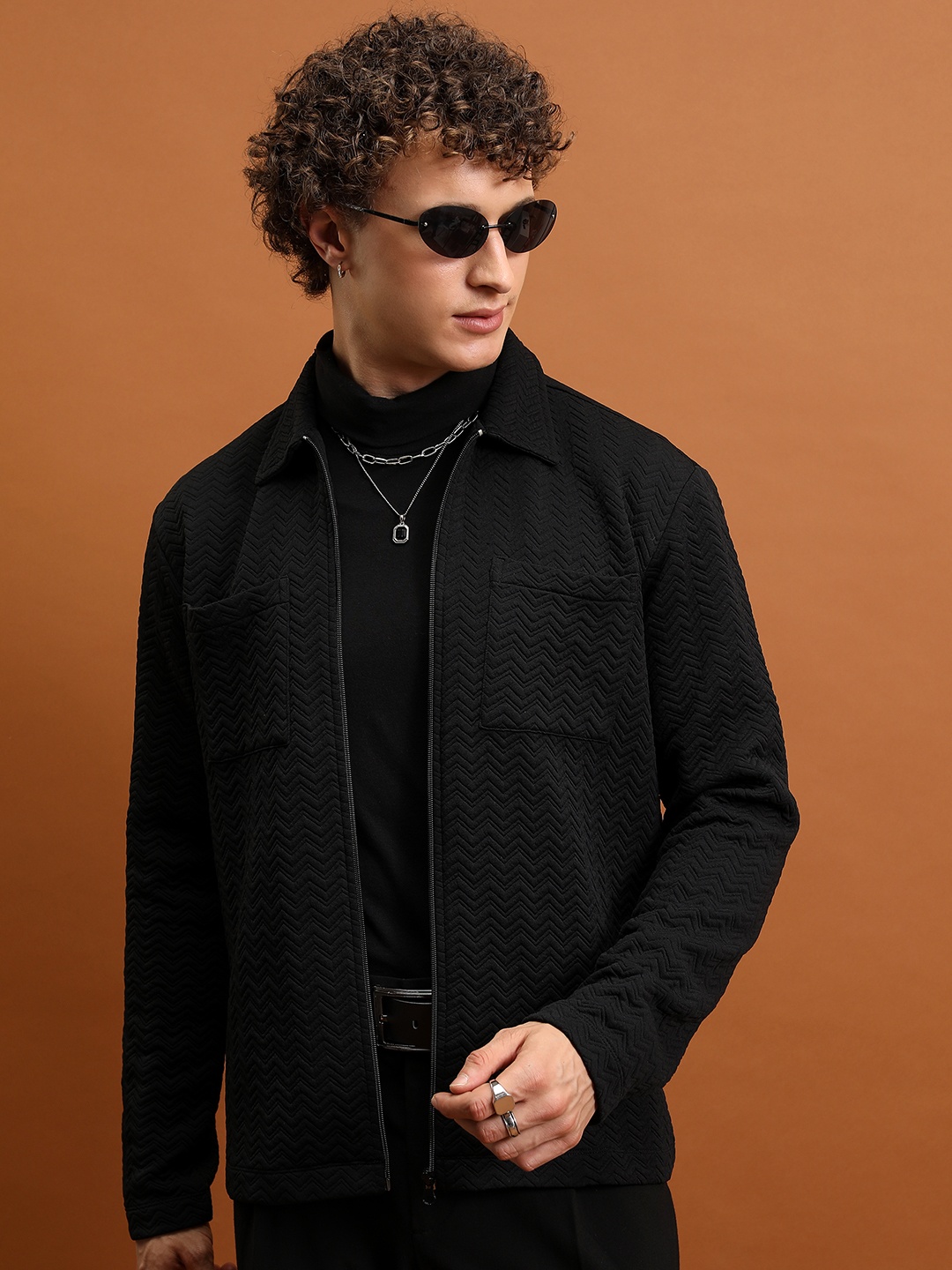 

HIGHLANDER Self Design Shirt Collar Front-Open Sweatshirt, Black