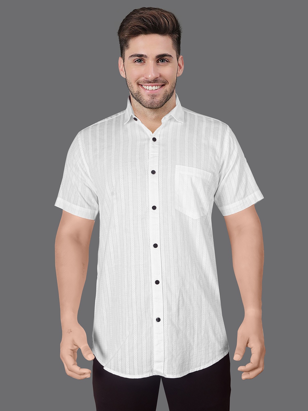 

Jb Just BLACK Premium Slim Fit Striped Spread Collar Short Sleeves Cotton Casual Shirt, White