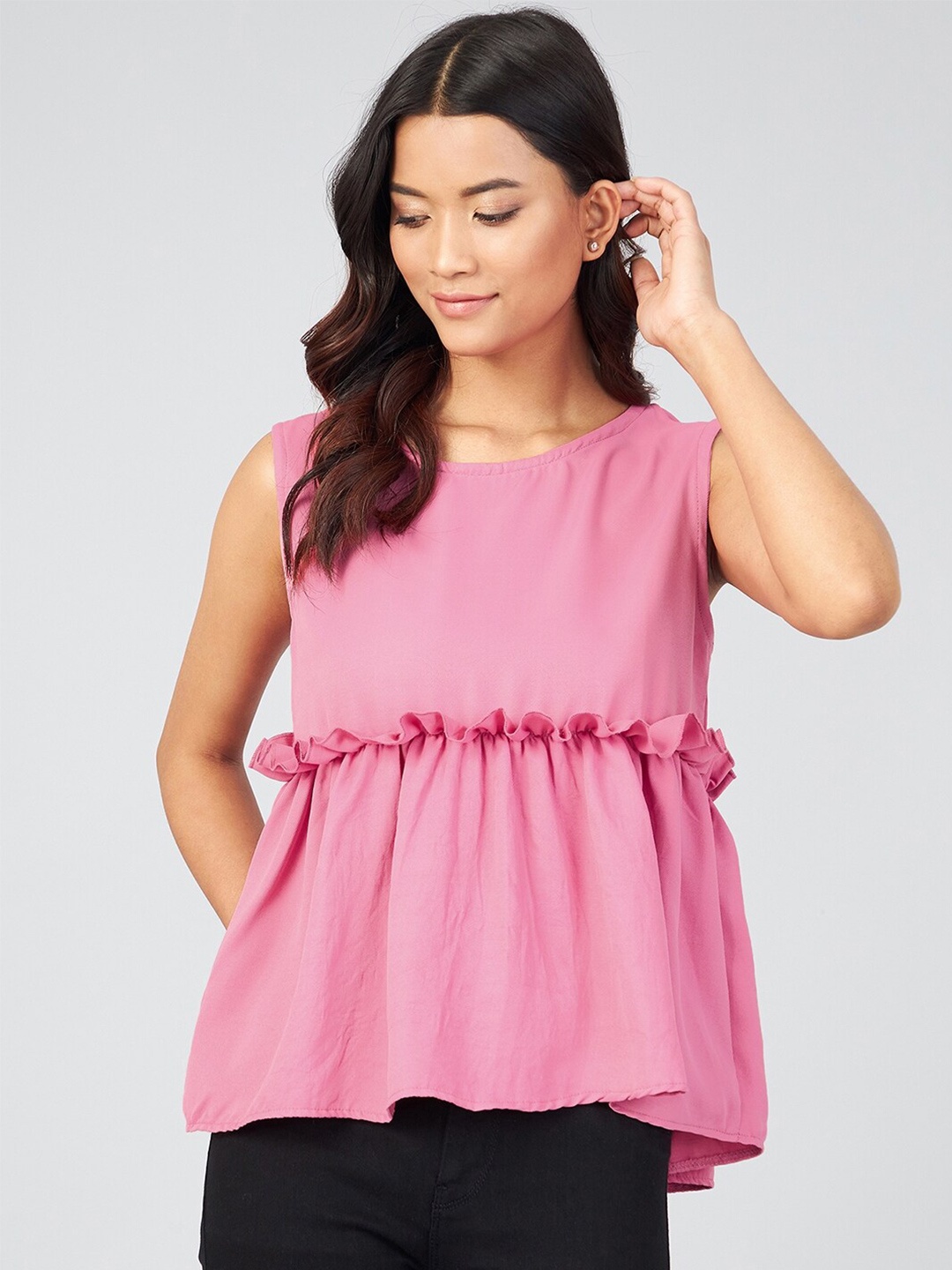 

CHIMPAAANZEE Round Neck Peplum Style Top, Pink